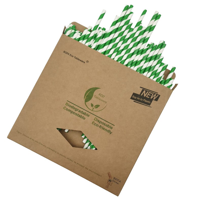 BOFA Eco Tableware Environment Green White Paper Drinking Straws Bulk 100, Disposable Green Striped Straws with Kraft Box Packing Coktail Straw for Holiday Use Juice Patener - Image 1
